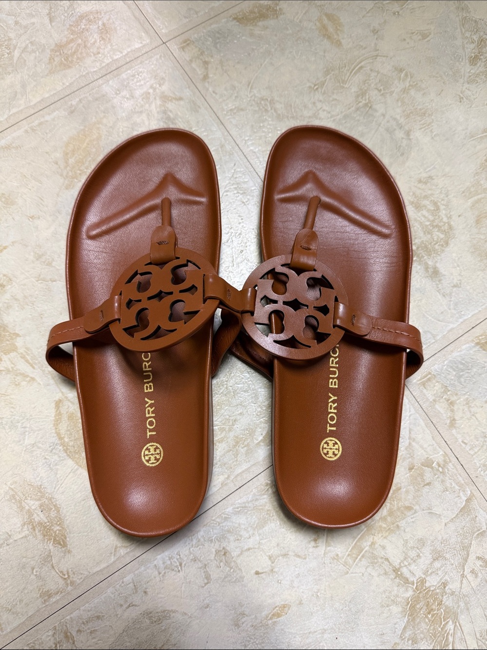 Tory Burch Cognac Miller Logo Thong Sandals